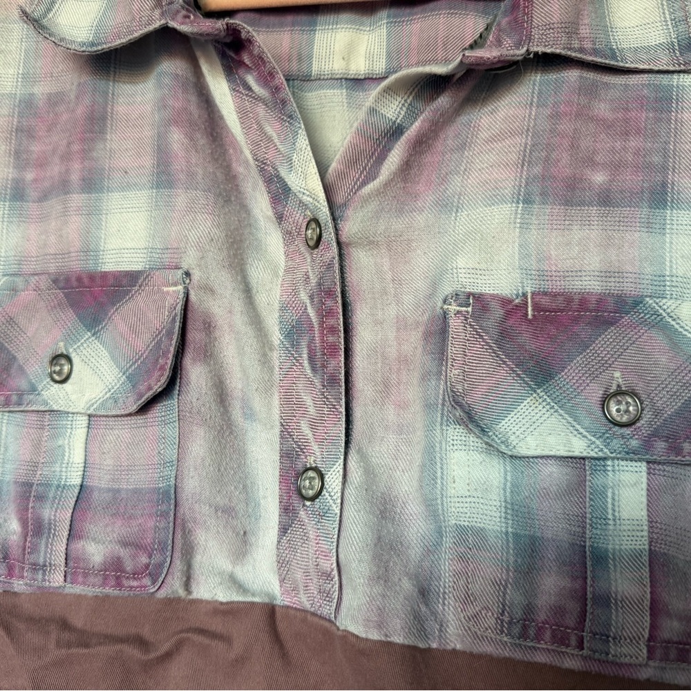 Unique Plaid Handmade Upcycled Button-Up Shirt with Rolled Sleeves - Picture 2 of 5